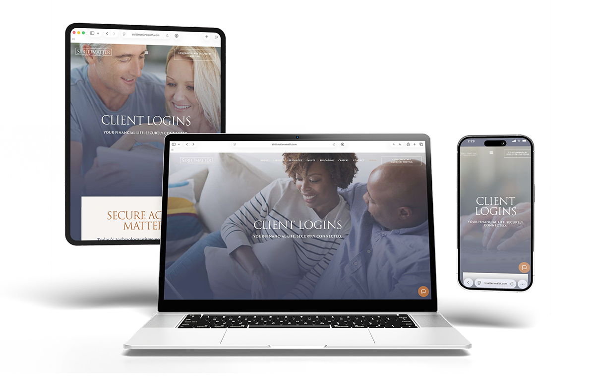 Tablet, laptop, and cell phone representing secure online client account access